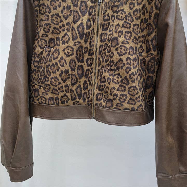 Coffee M290 2025 Fall Women’s Leopard PU Leather Short Jacket for wholesale on Faire3