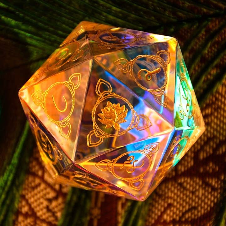 Hindi Prismatic Glass 30mm d20 - Dice Around the World Collection for wholesale by Misty Mountain Gaming