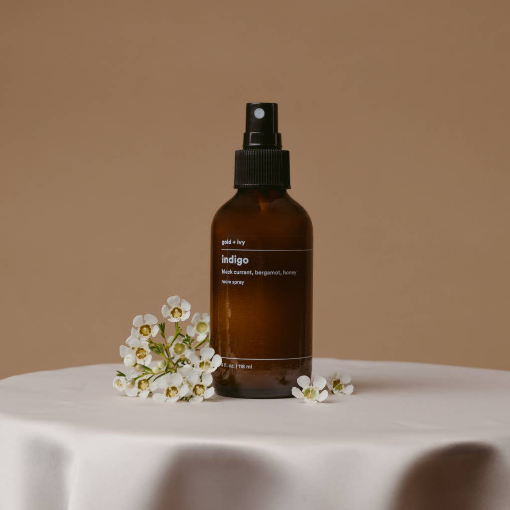 gold + ivy – wholesale Room & linen spray – indigo room + linen spray - black currant, bergamot, honey1