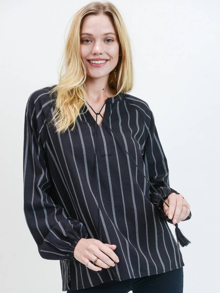 Cotton Bleu - Wholesale Blouse - Women's - Women's Striped Washed Cotton Blouse with Ladder Trim 61709W