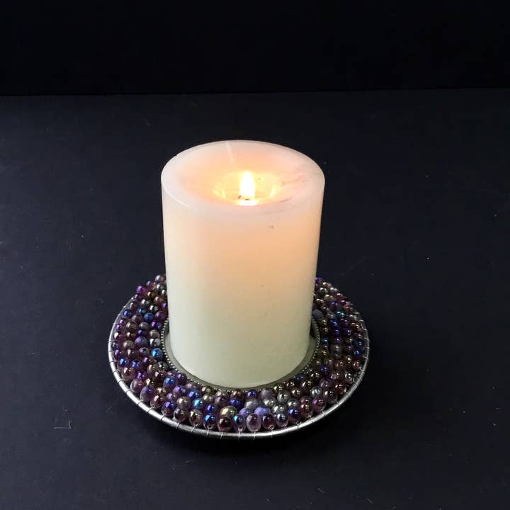 India Handicrafts Inc - Wholesale Pillar Candle - Purple Beaded Pillar Plate, 12