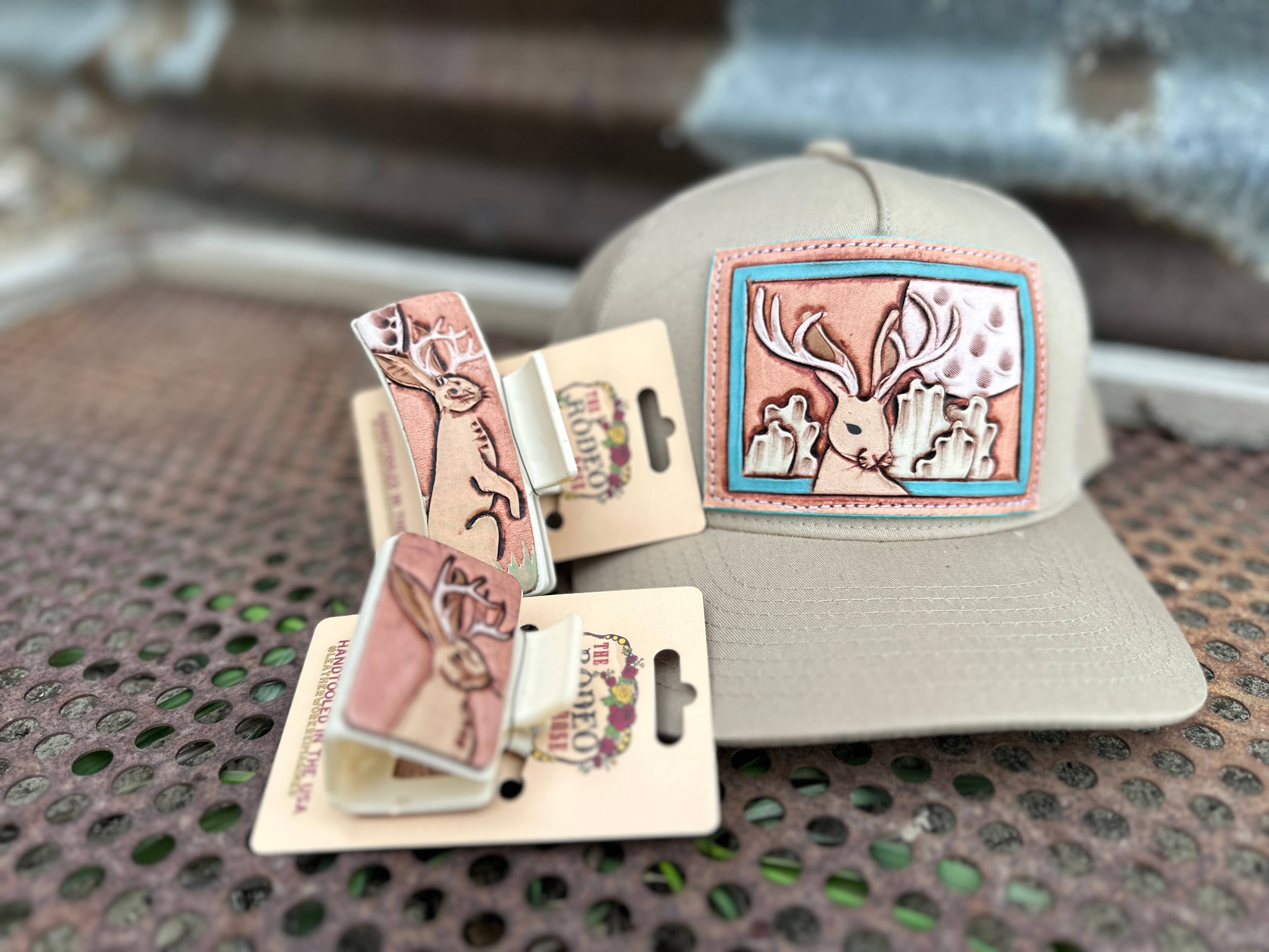 The Rodeo Rose - Wholesale Trucker Hat - Women's - Jackalope Tooled Leather Patch Cap Cowgirl Cowboy Western Rodeo1