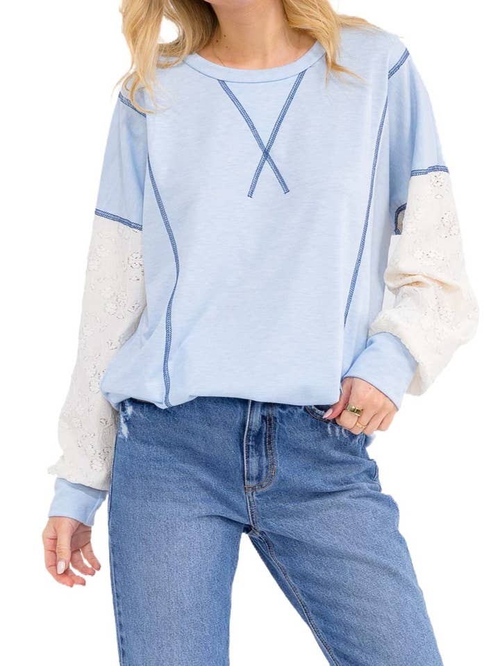 Contrast Lace Sleeve French Terry Pullover Top for wholesale by Vanilla Monkey