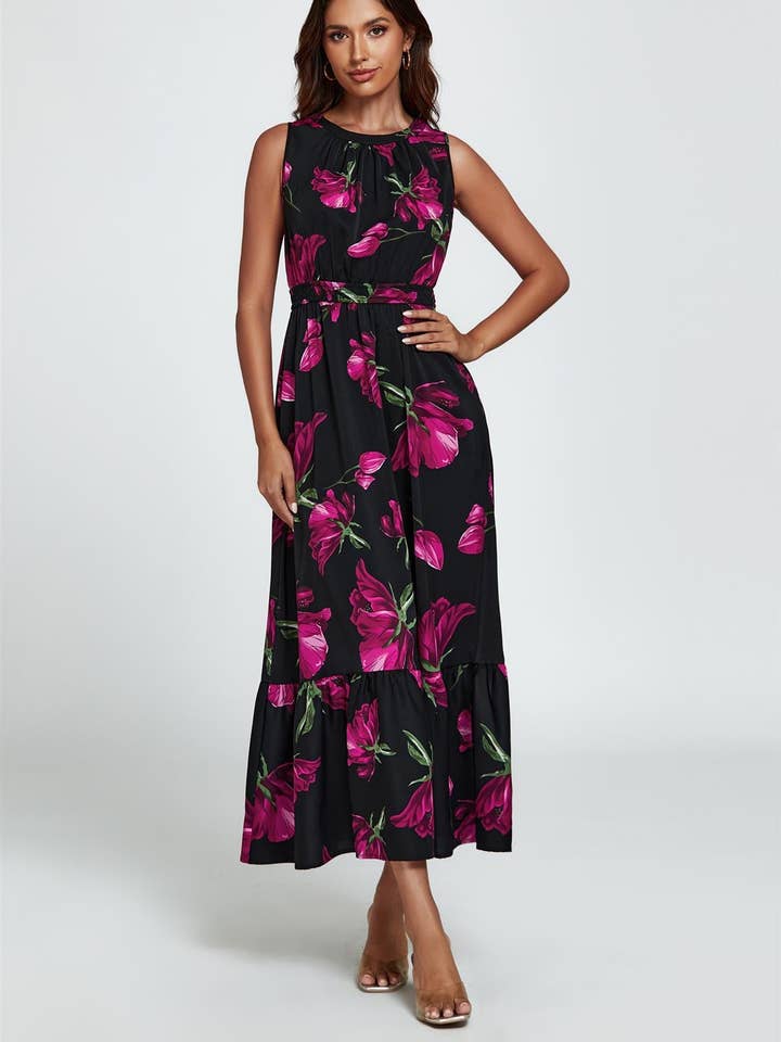 Floral Print Halterneck Maxi Dress In Black for wholesale by FS Collection