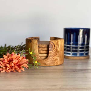 Olive Wood Table Coasters in a Non Rustic Holder - Set of 6 - Handmade  Wooden Cabin Decor Coaster Set for Home