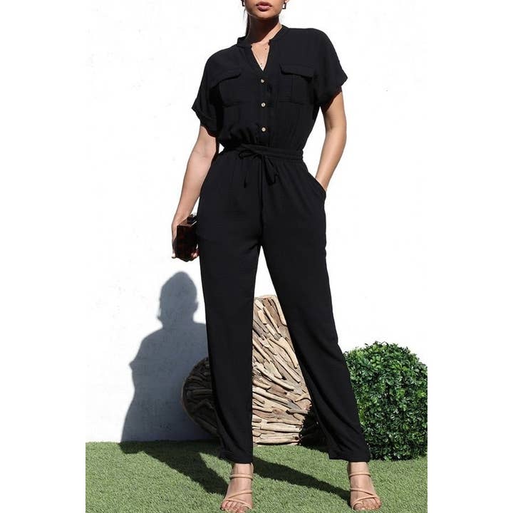 BUTTON DOWN WOVEN JUMPSUIT for wholesale by Black Pearl Clothing