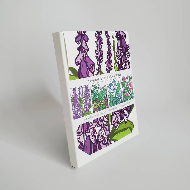 Little Green - Wholesale Stationery/Notecard Set - Assorted Spring Woodland Flower Blank Note Card Set of 8, Block Print Art Greeting Cards1