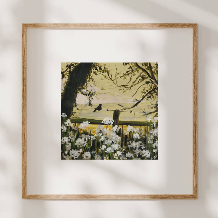 Cottagecore Blackbird on Fence Artistic Mounted Art Print for wholesale by Emily Laura Designs