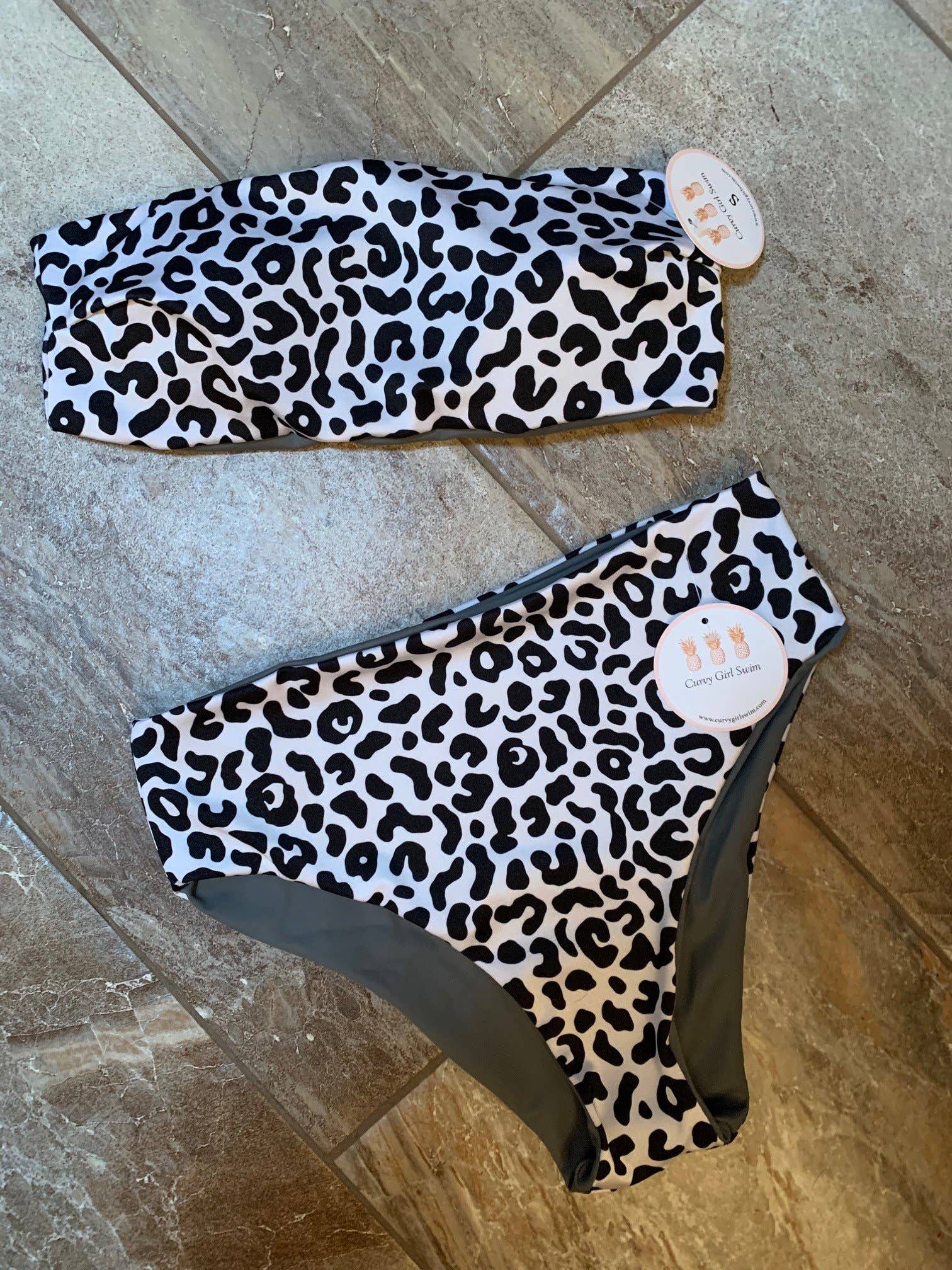 White Cheetah Bandeau Bikini Set for wholesale on Faire