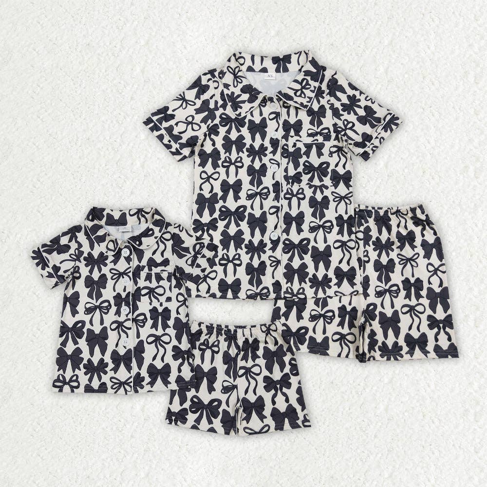 Aier Wholesale - Wholesale Sleepwear Set - Kids - Mommy and Me Baby Girls Black Bows Button Pocket Top Short Pajamas Sets0