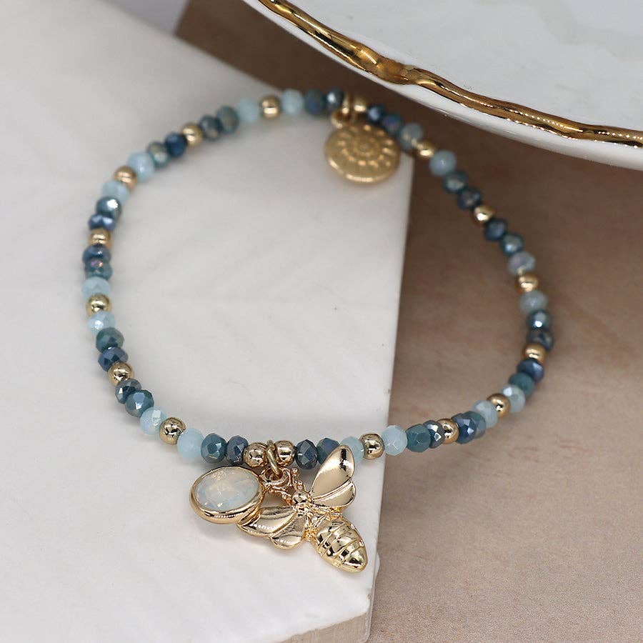 Bee my Oyster – wholesale Beaded bracelet – Denim Blue Crystal Beaded Stretch Bracelet Bee Charm by POM1