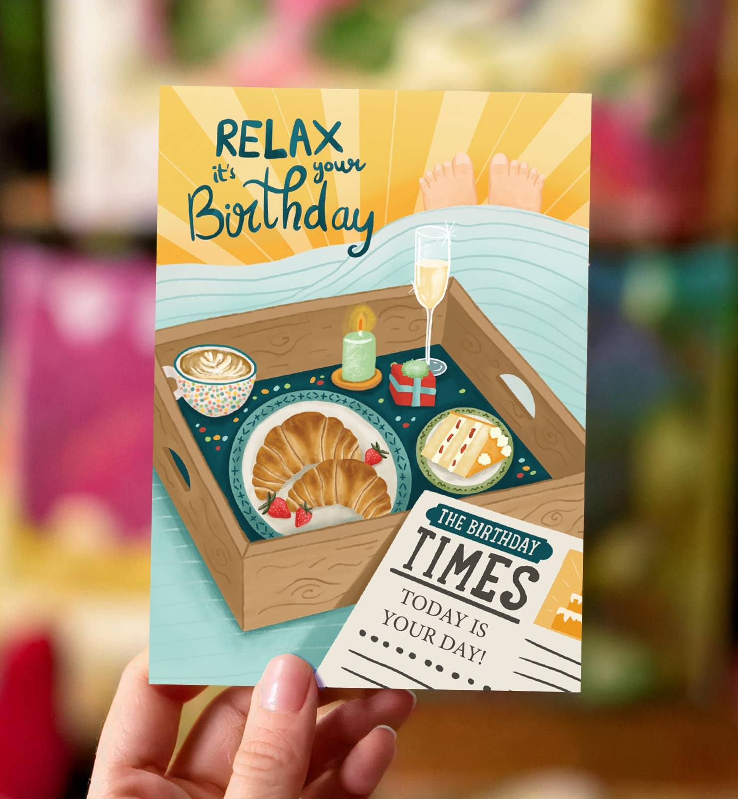 Aniet Illustration - Wholesale Verjaardagskaartje - Kaart verjaardag felicitatie man met dienblad en krant relax1