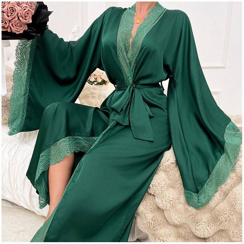Sheer Trend - Wholesale Robe - Women's - Satin Lace Trim Long Sleeve Robe1