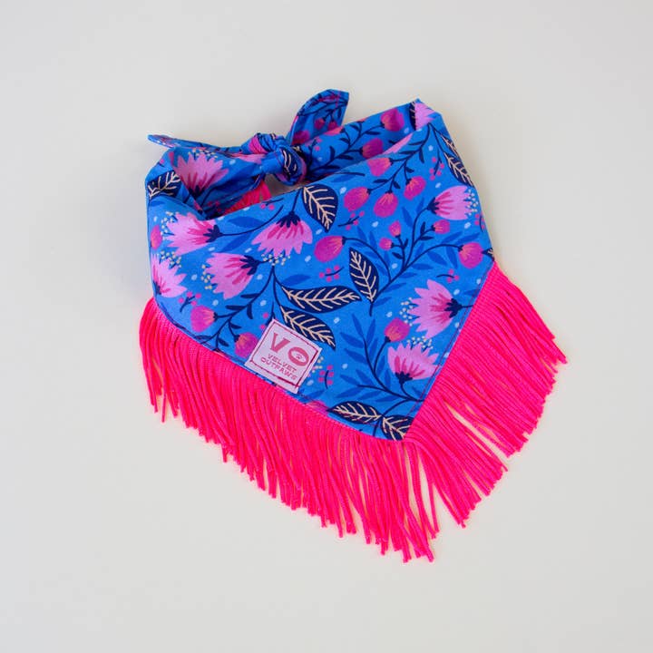 Velvet Outlaw - Wholesale Pet Bandana - Dog - Spring Floral with Hot Pink Fringe Dog Bandana