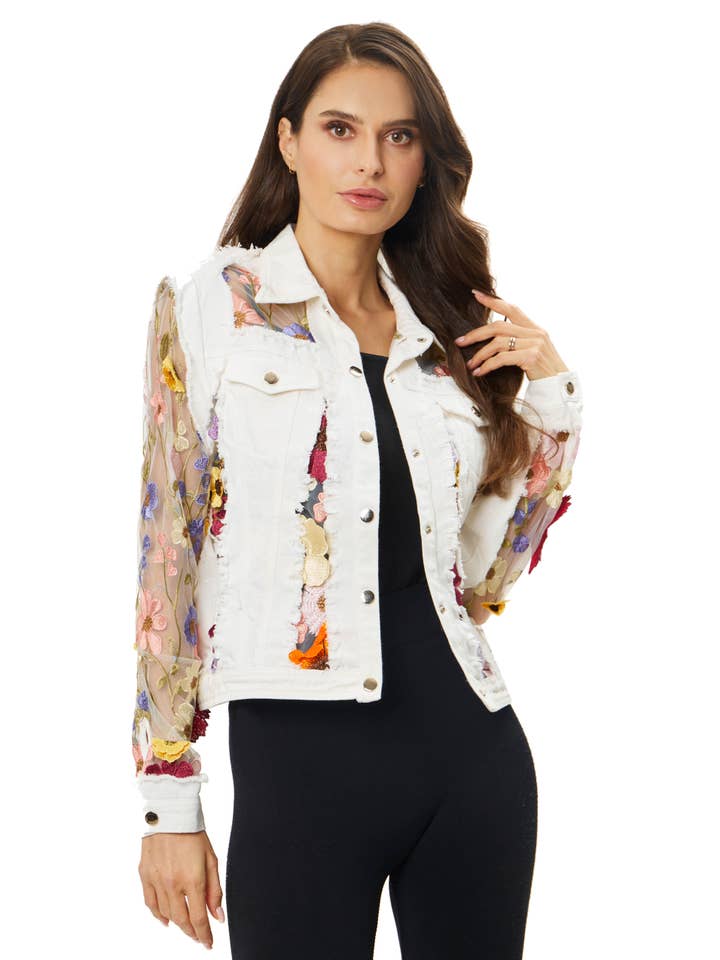 Adore - Wholesale Denim Jacket - Women's - 2406W - White Denim Jacket with Floral Embroidery