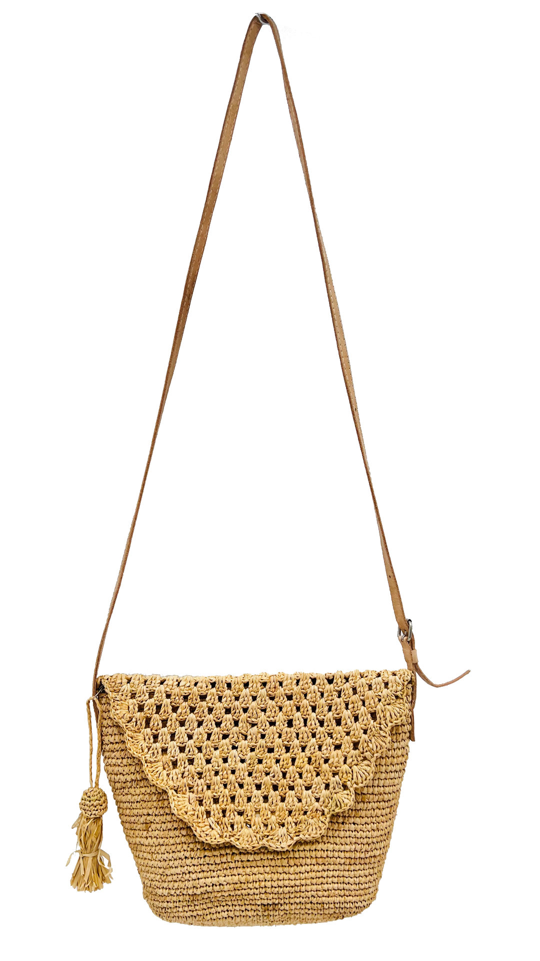 Natuurlijk Portola gehaakte schoudertas van stro met kwastjes en ritssluiting voor groothandel op Faire3