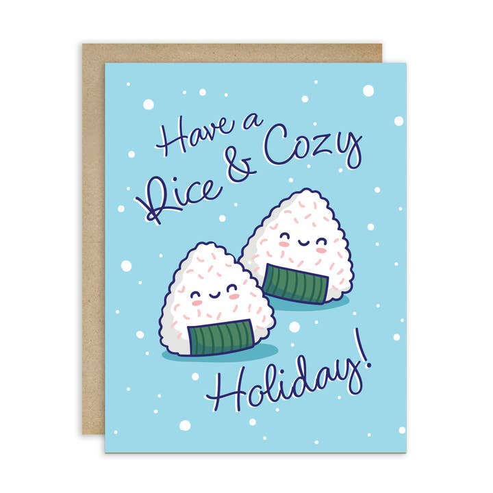 Rice & Cozy Holiday Card | Onigiri Snow Christmas Winter Smiles for wholesale by Cute Asian Cards