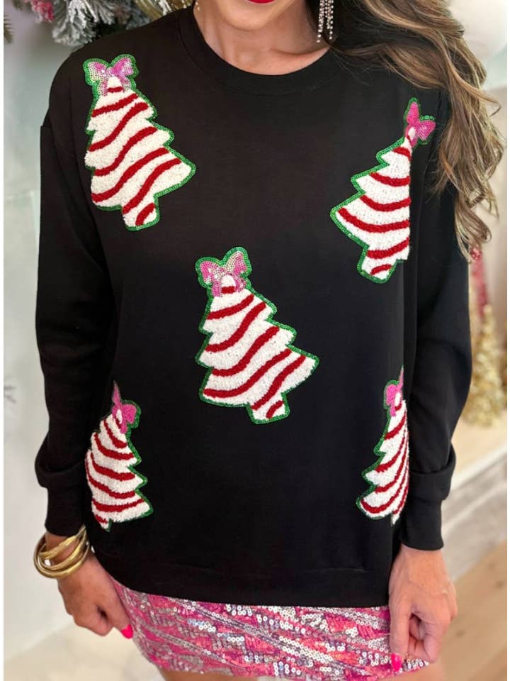 Black Cute Christmas Tree Sequins Slouchy Sweatshirt for wholesale on Faire