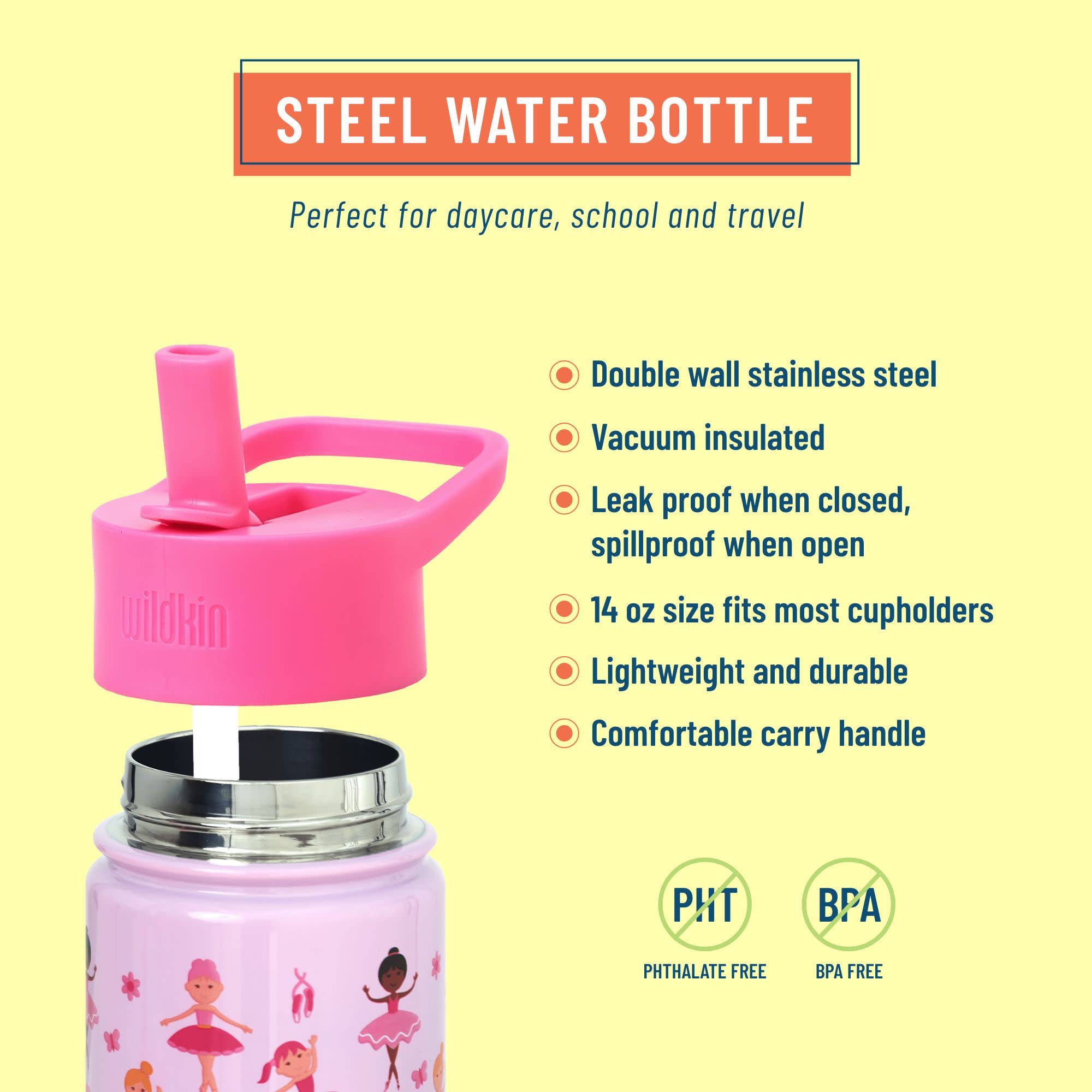 Wildkin - Wholesale Water Bottle - Ballerina 14 oz Steel Bottle1