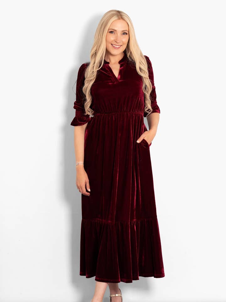 Sarta – wholesale Dress – Women's – Pandora V-Neck Midaxi Dress- Berry, Velvet0