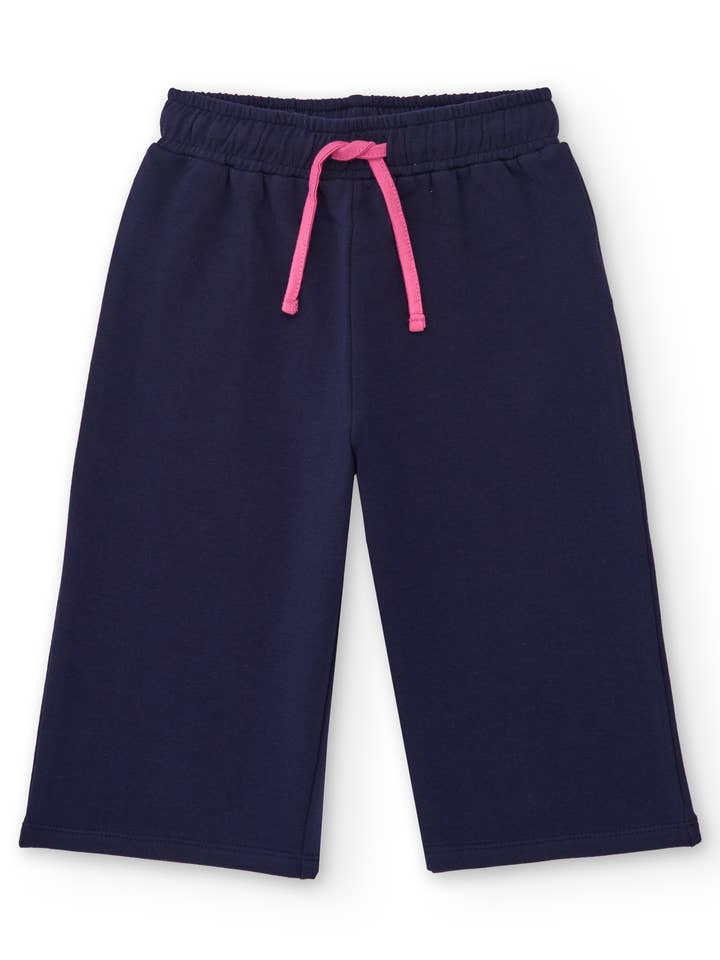 Knit pants for girls in navy blue with a pink drawstring for wholesale by tuc tuc