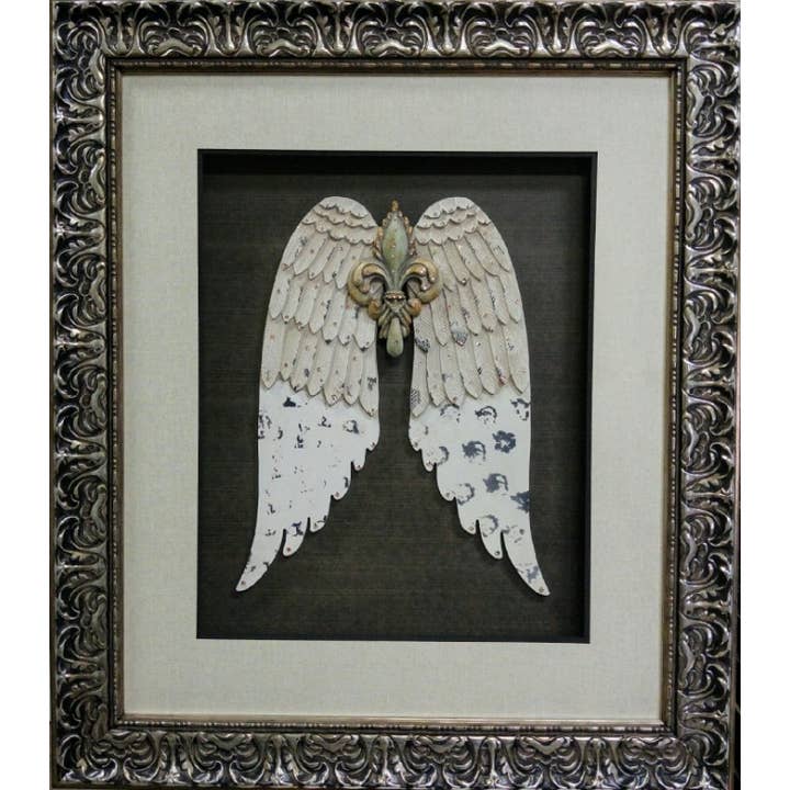 Antique White Angel Wings with Fleur De Lis Hand Embellished for wholesale by Picture King