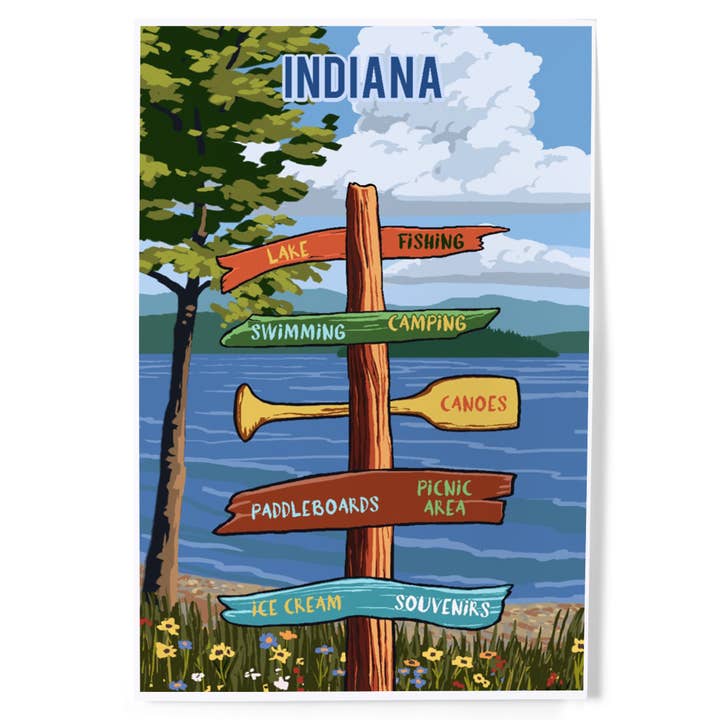 ART PRINTS Indiana, Signpost, Lake & Flowers for wholesale by Lantern Press