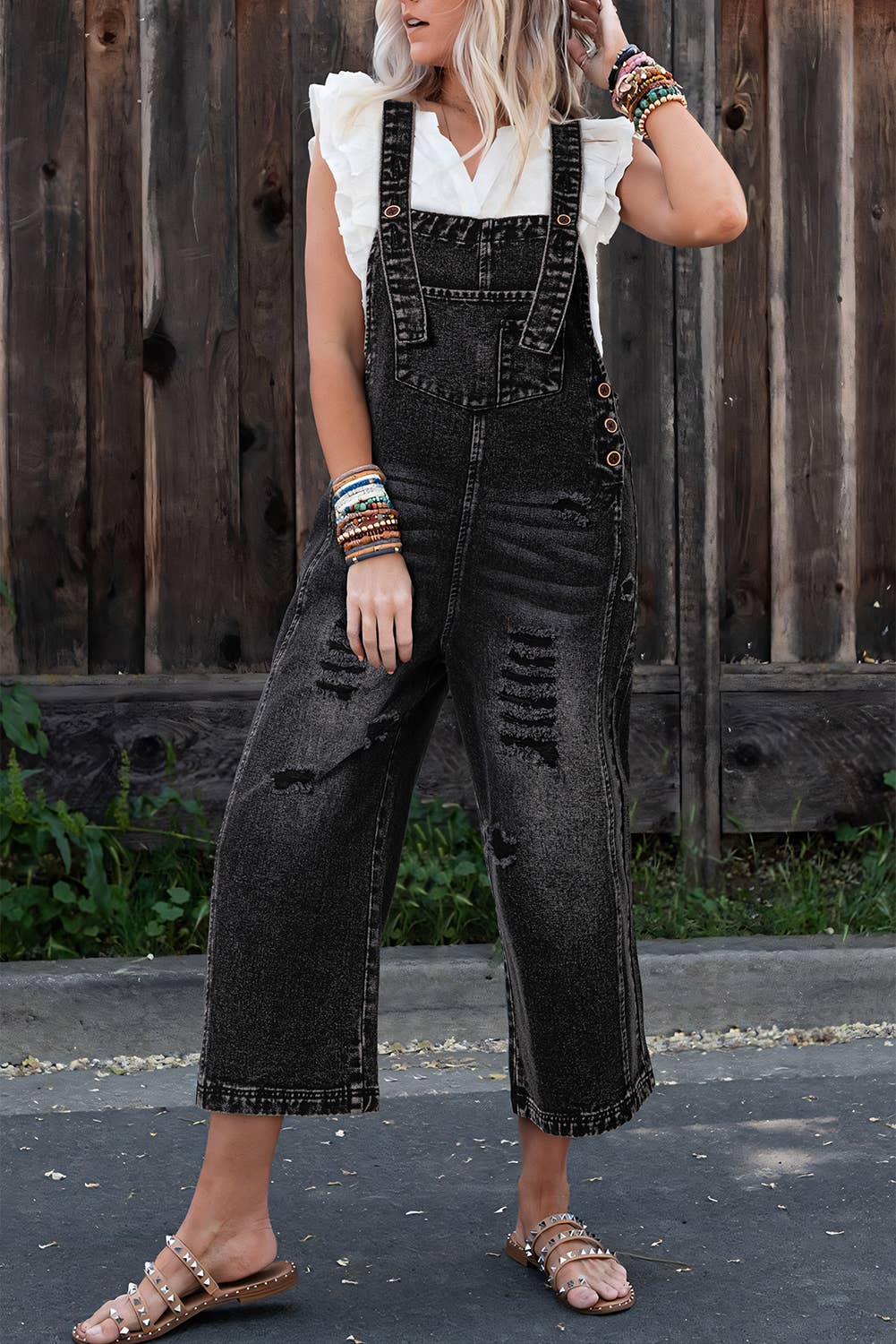 Black Distressed Bib Pocket Wide Leg Denim Overall for wholesale on Faire