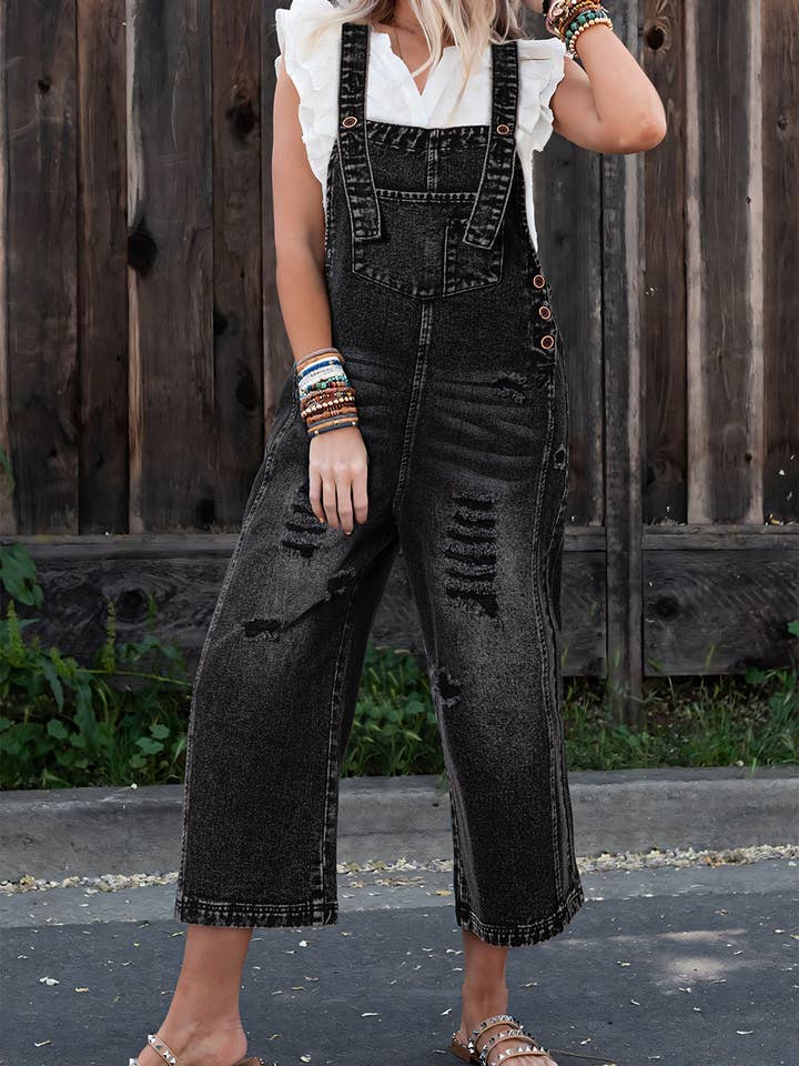 Black Denim Distressed Bib Pocket Overall for wholesale on Faire
