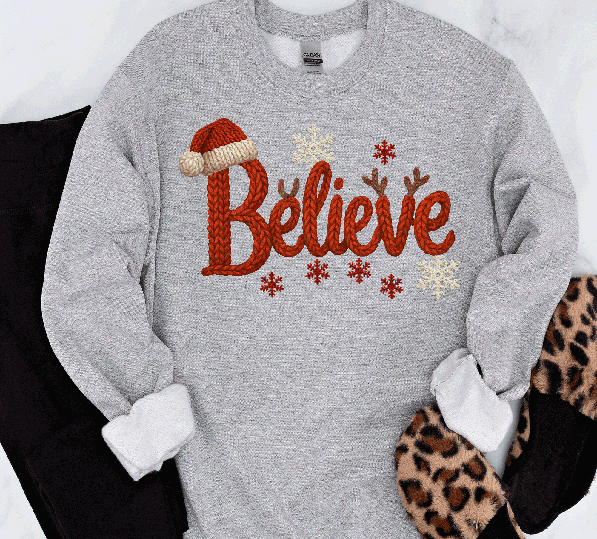 A Blessed Texas Mess Boutique - Wholesale Graphic Sweatshirt - Women's - Christmas Believe Realistic faux yarn Viral Gift Sweatshirt1