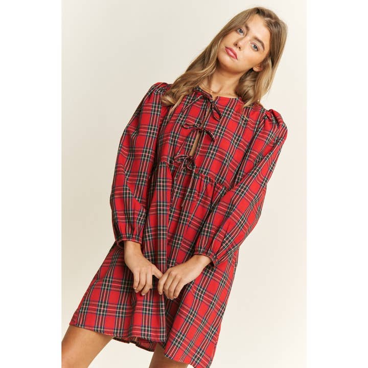 Sweet Generis - Wholesale Dress - Women's - SOFT PLAID WOVEN FABRIC BABYDOLL BOW MINI DRESS