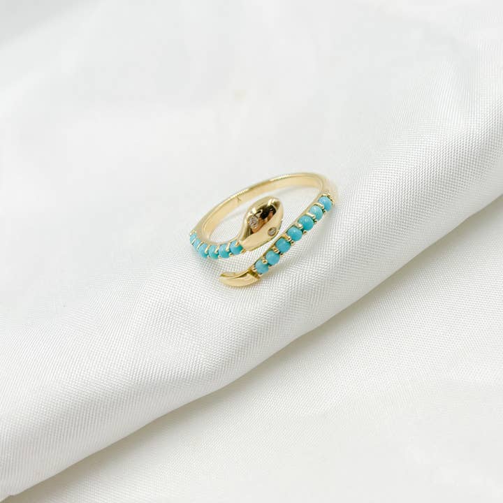 RFA17976TQ. Bague Serpent Ouverte en Or Jaune Massif 14K avec Diamant et Turquoise pour la vente par Tresor Jewelry Inc.