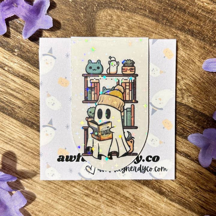 Awfullynerdy.co - Wholesale Bookmark - Ghost Reading Fourth Wing by a Bookshelf Magnetic Bookmark