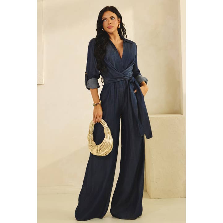 MONO DE MANGA LARGA CON DETALLE DE LAZO FRONTAL EN DENIM OSCURO LAVADO para venta al por mayor de The Sang