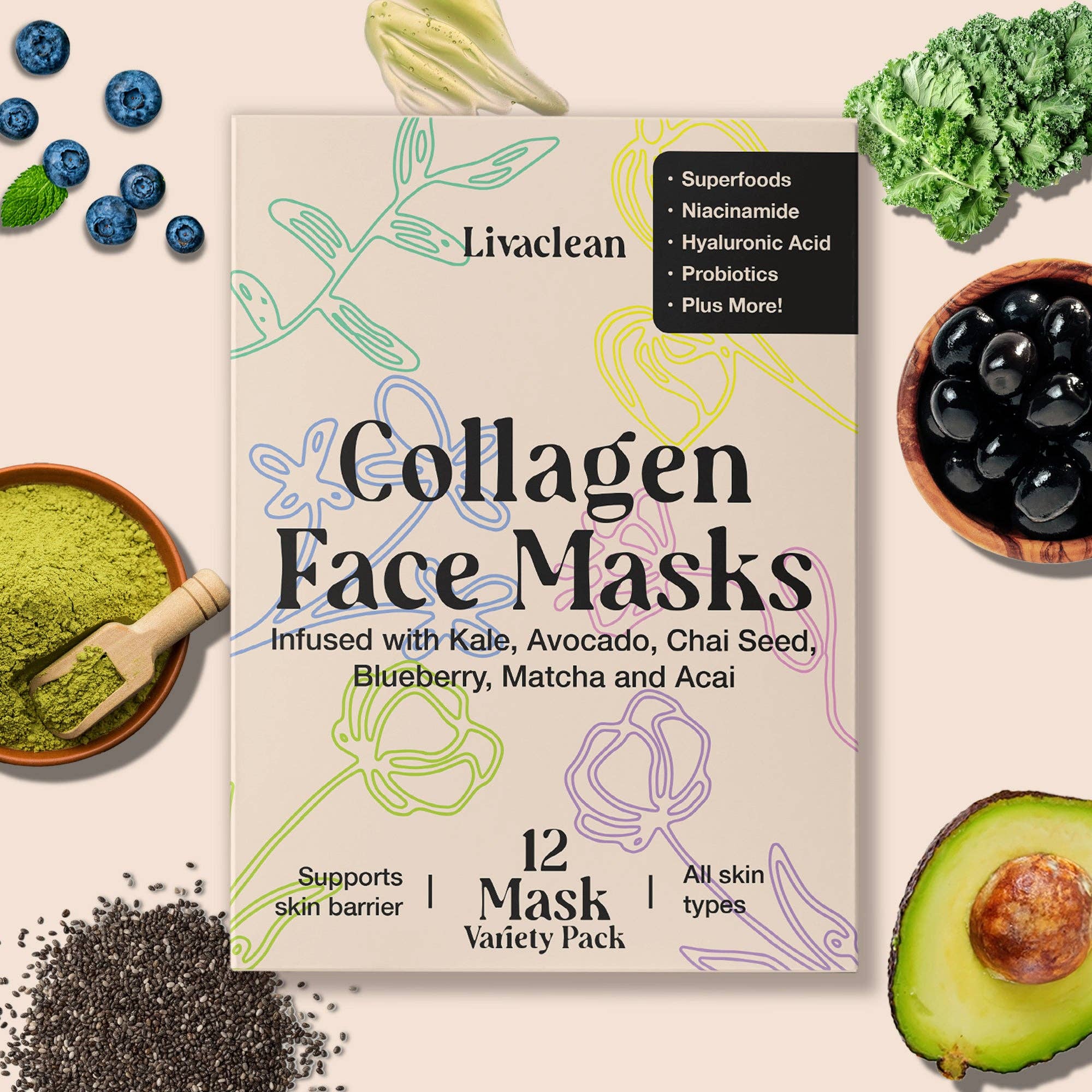 Livaclean - Wholesale Skincare Face Mask - 12 ct Collagen Face Mask with Superfoods8