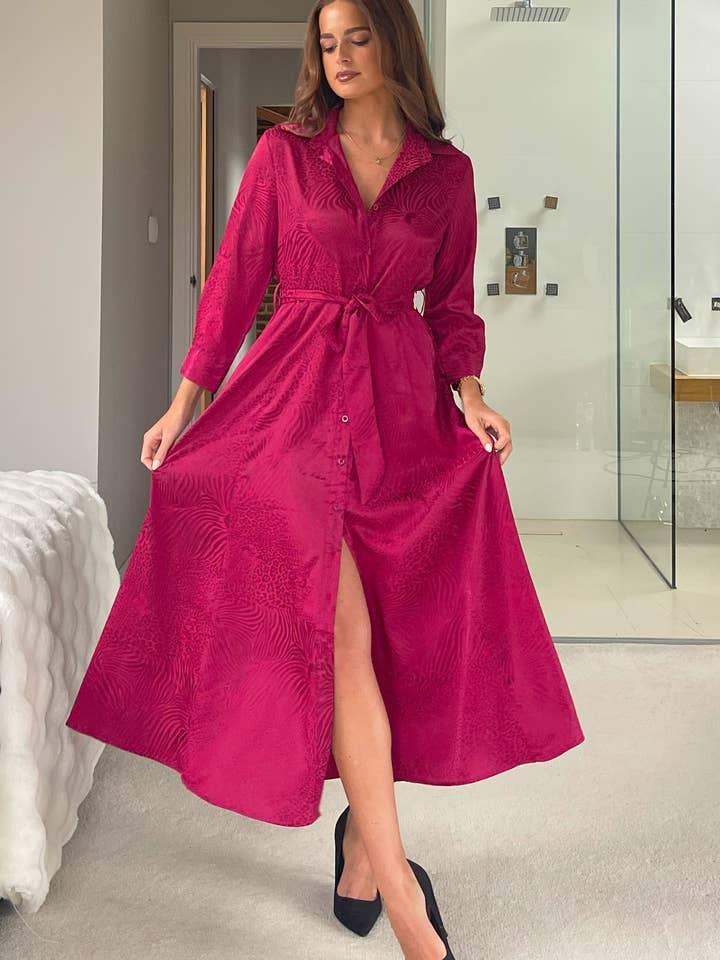 Vestido Camisero Maxi de Manga Larga Angela Vino Animal para venta al por mayor de Girl in mind