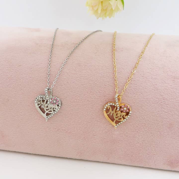 MOM FLOWER HEART - Collana Con scritta MAMMA + CUORE e fiore zirconato for wholesale by Daemon srls