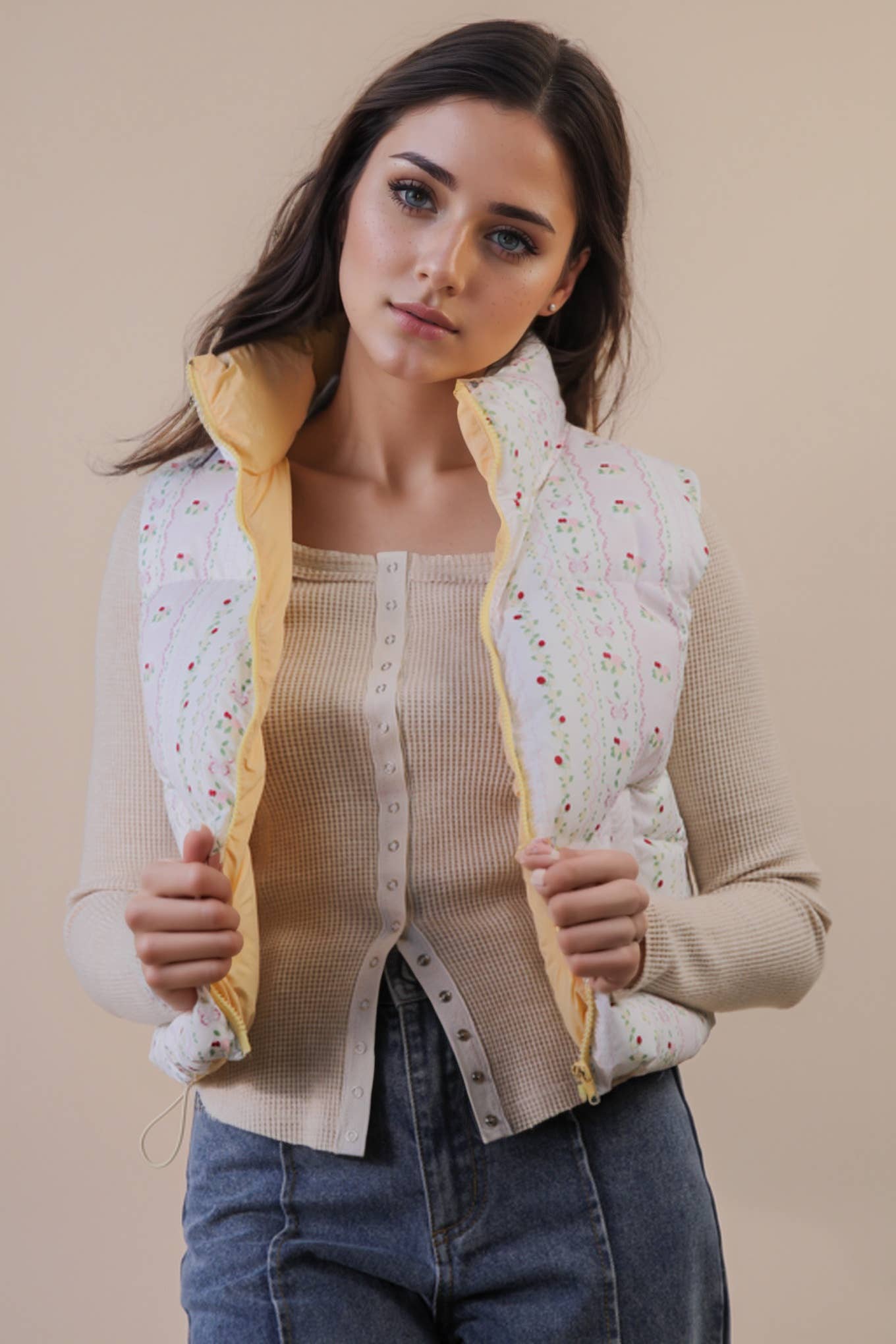 VERY J - Wholesale Outerwear Vest - Women's - NJ90395-Floral Printed Cropped Puffer Vest9