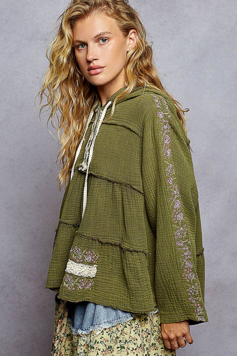 Pol Clothing - Wholesale Hoodie - Women's - Long Sleeve Double Gauze Embroidery Shirring Woven Top26