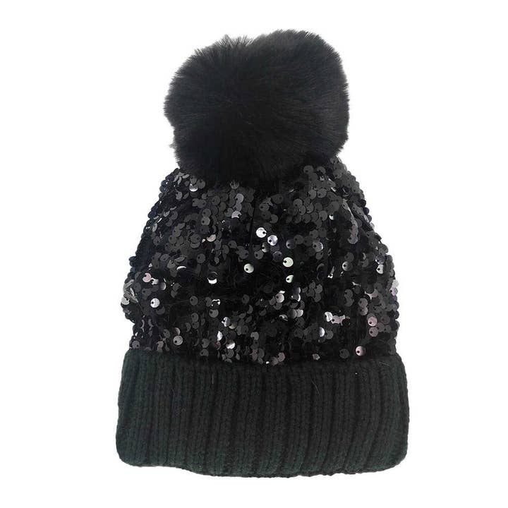 Sequin Pom Pom Knit Beanie Hat for wholesale by Shopping2help