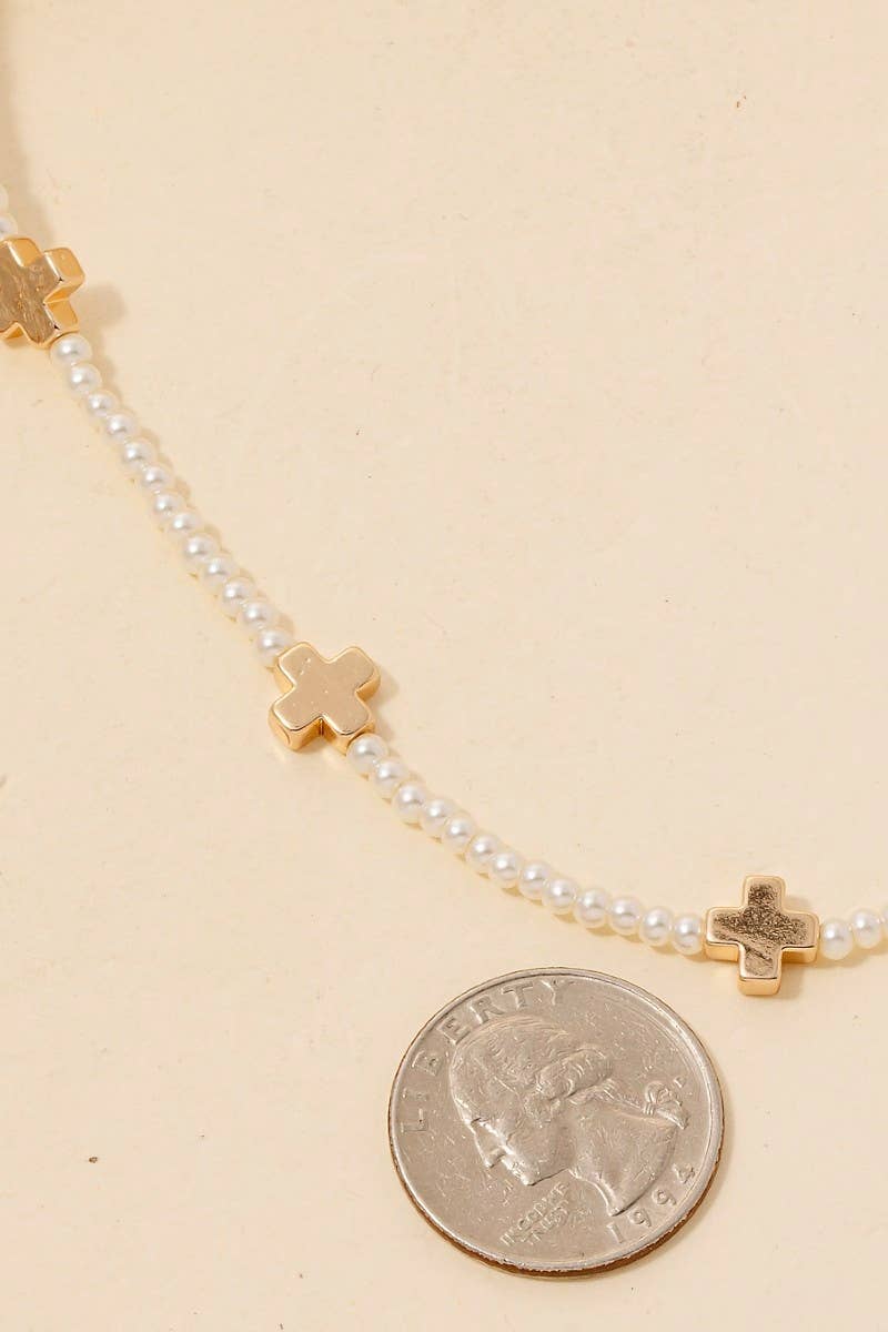 GD Metallic Cross Charms Pearl Beaded Necklace for wholesale on Faire1
