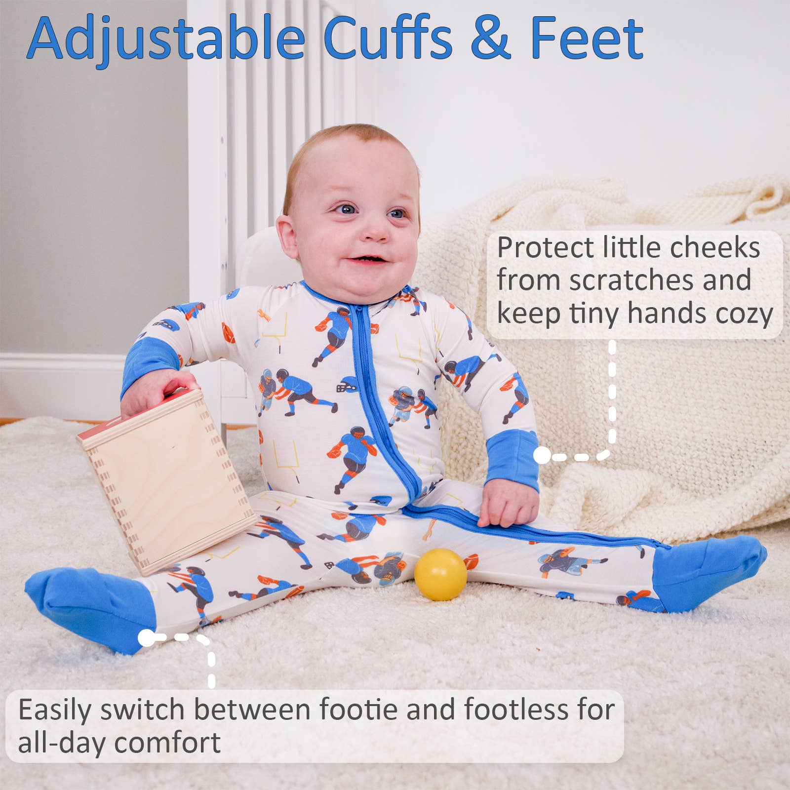 LollyBanks - Wholesale Sleepsuit - Baby - Touchdown Football Baby Bamboo Pajamas, 2 Way Zipper3