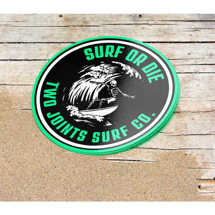 Surf or Die Decal for wholesale by Two Joints Surf Co.