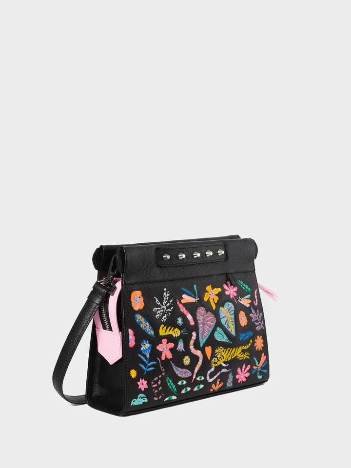 Mala a Tiracolo Pequena em Pele Preta Vali - Bordado Rosa Outonal por atacado de Min & Mon