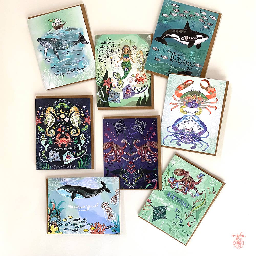 Cynla - Wholesale Thank You Card - Thank you Ocean Greeting Card- sea mermaid seahorse crab2