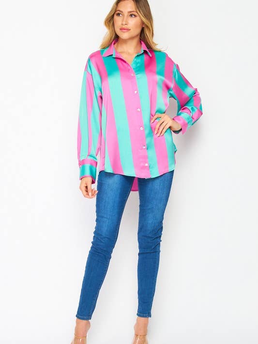 Langärmliges Button-Down-Top mit gewebtem Satin-Streifenmuster für Damen für den Großhandel von MintChoco