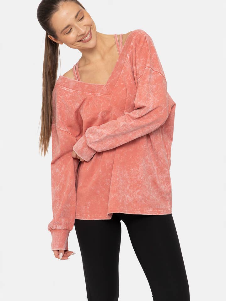 Mono B - Wholesale Shirt - Women's - Mineral Wash Cotton Blend Deep V-Neck Long Sleeve