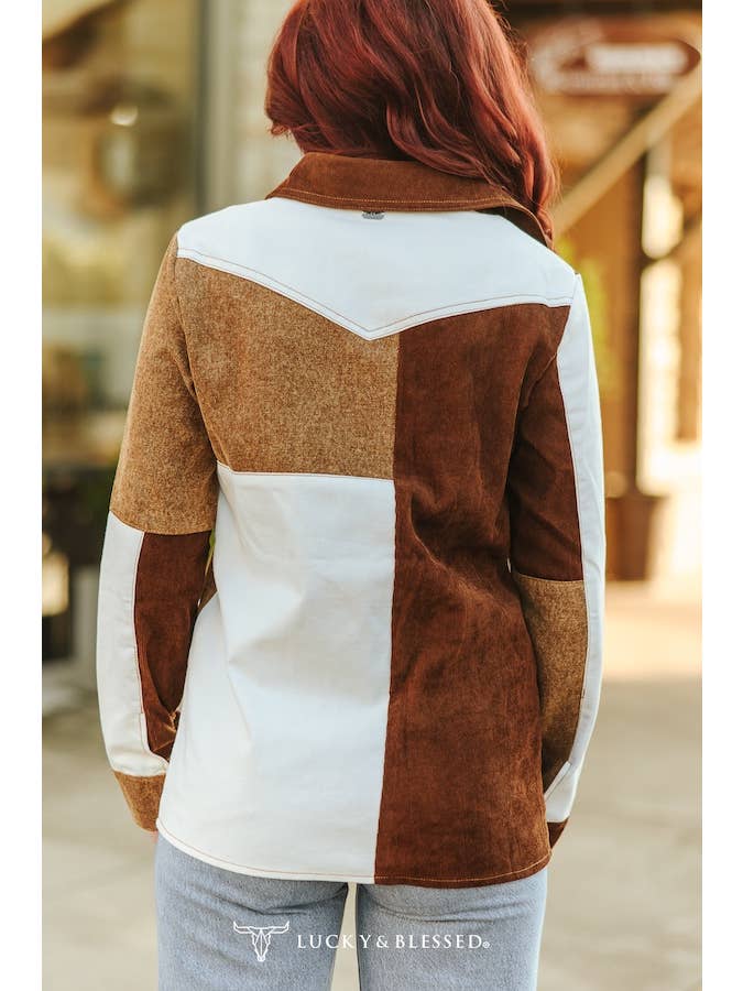 LUCKY & BLESSED - Wholesale Shirt Jacket/Shacket - Women's - Multi Fabric Patchwork Denim Pearl Snap Western Shirt2