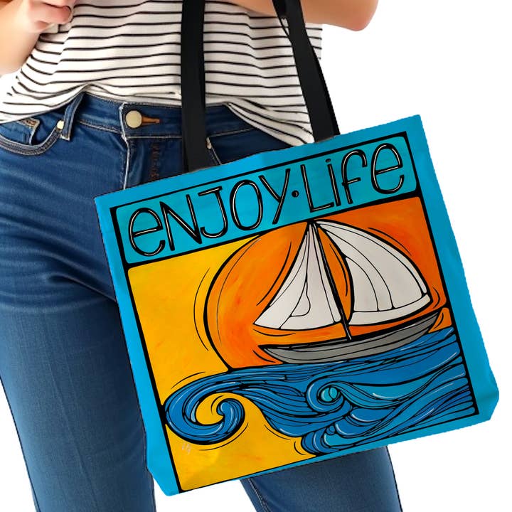 Sac Cabas Profitez de la Vie – Design Fantaisiste de Voilier Côtier pour la vente par Atelier Vero Wholesale