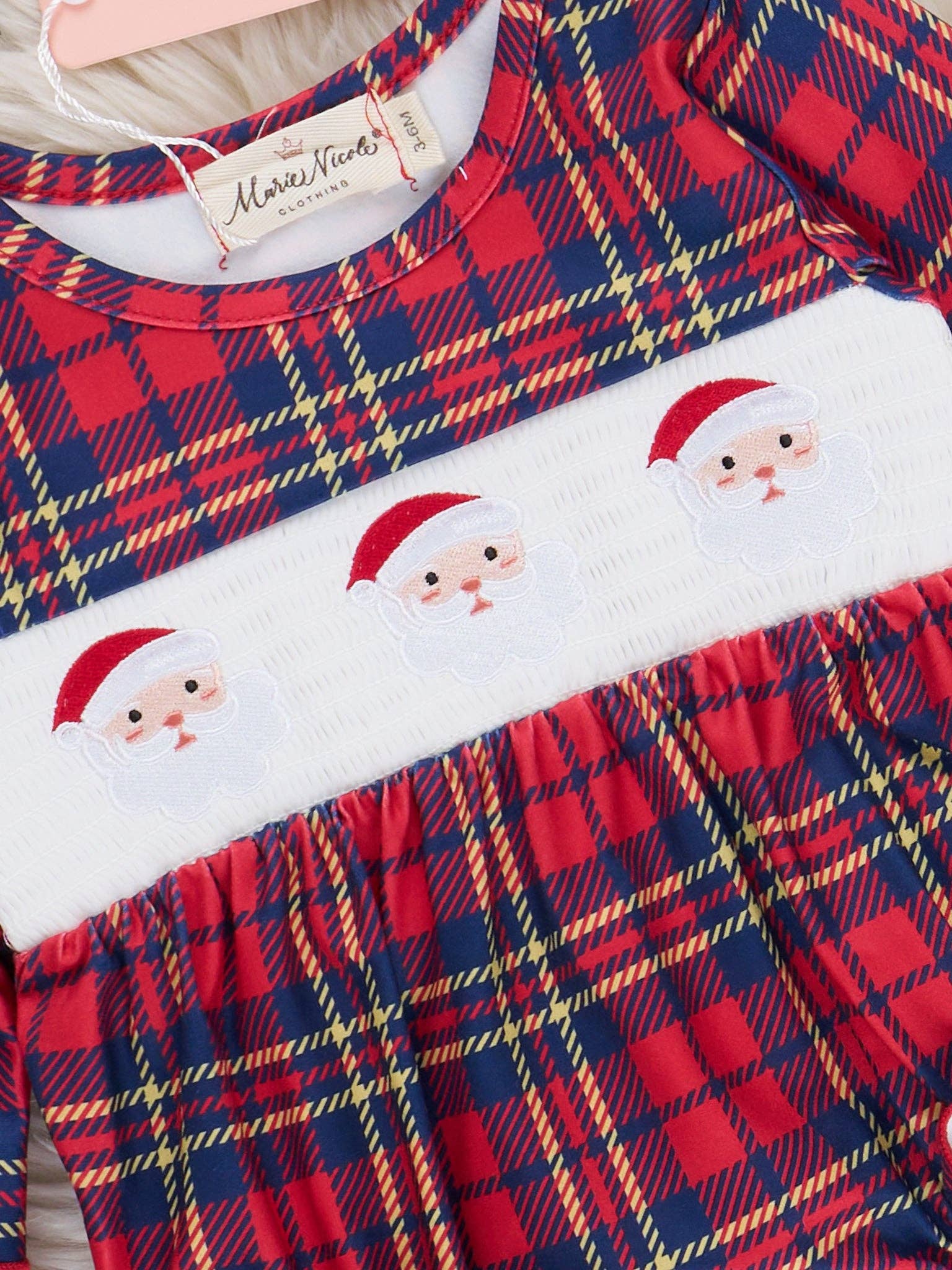 Marie Nicole Clothing - Wholesale Clothing Set - Baby - Holiday Plaid Smocked Santa Bubble1